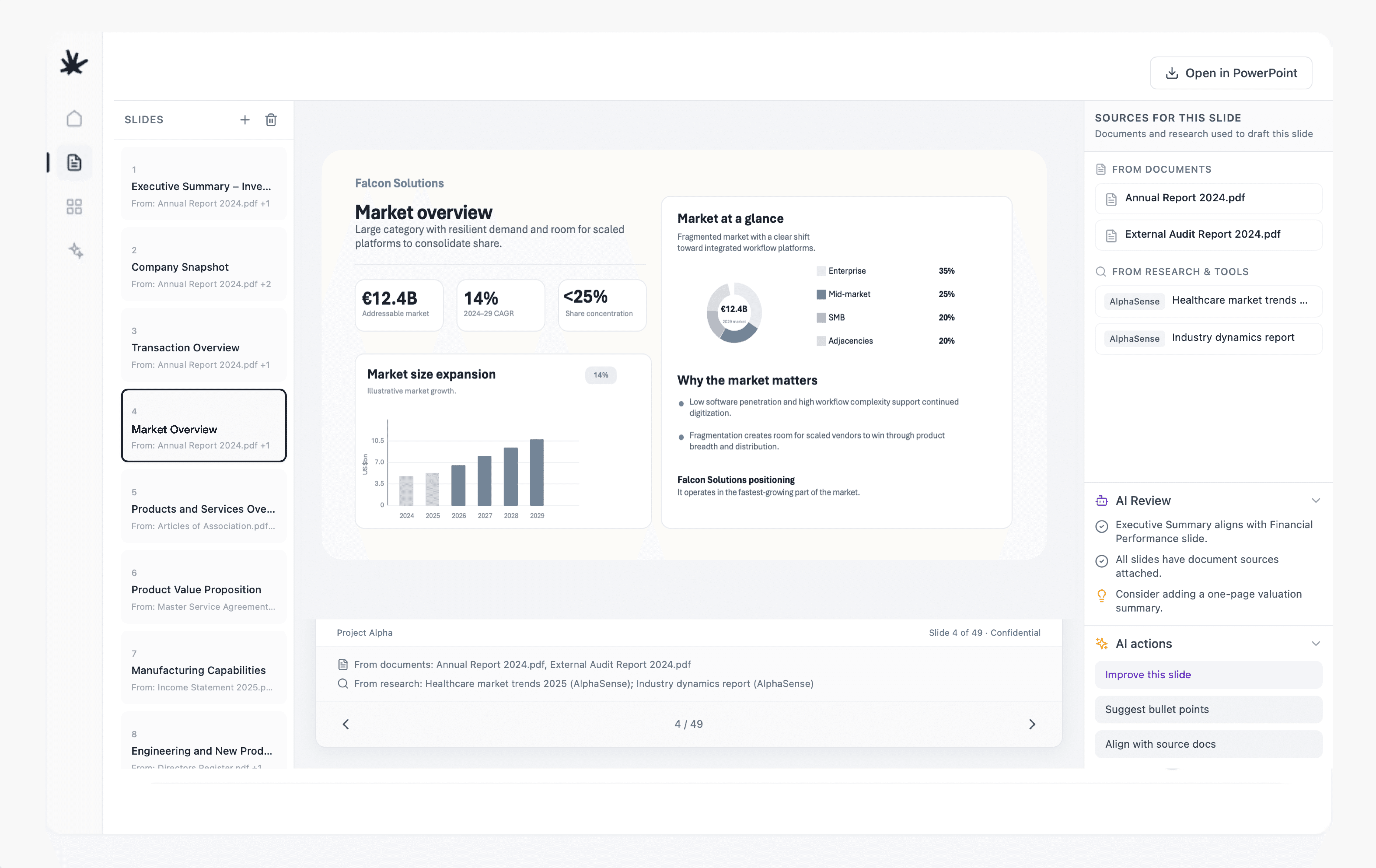 Plomo CIM drafting workspace with sourced suggested points and slide generation controls