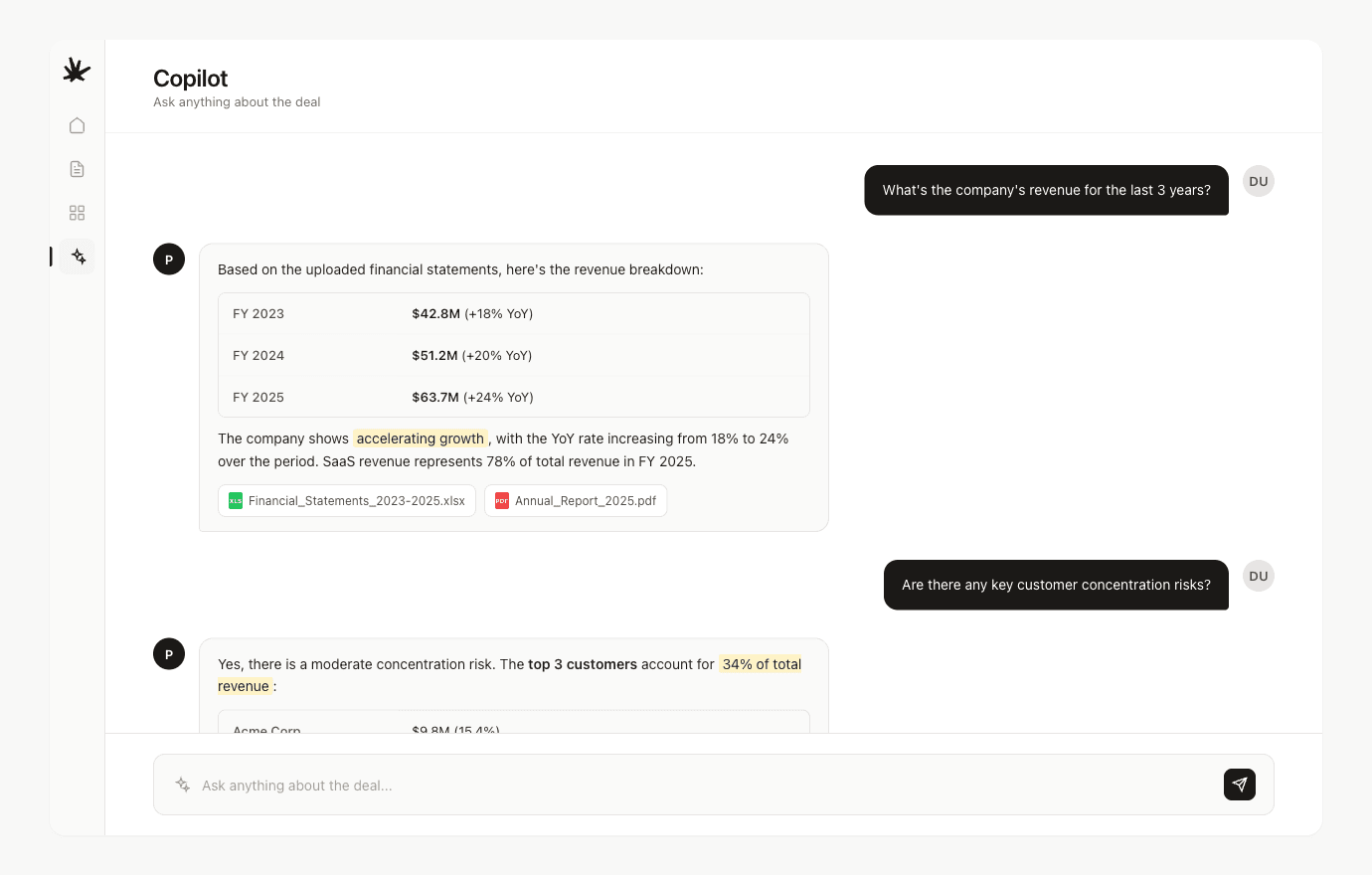 Plomo AI copilot answering deal questions with sourced financial data